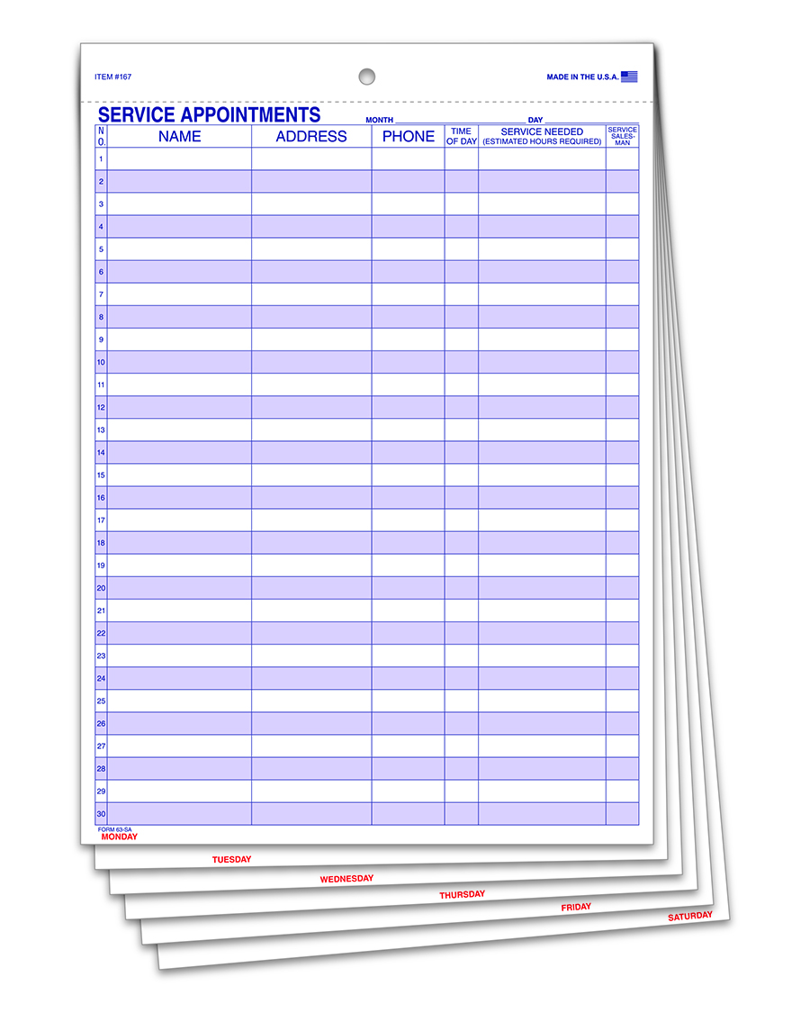 Sevice Appointment Form - 63-SA - 6 Part Snap Out, 50 Per Pack