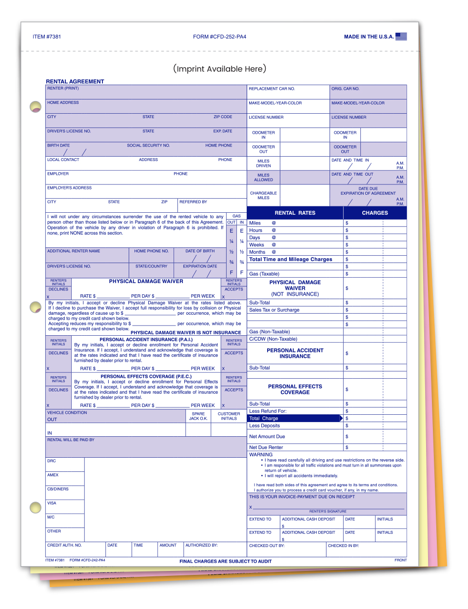 Rental Agreement - CFD-252-PA4 - 4 Part - IMPRINTED - Qty. 1