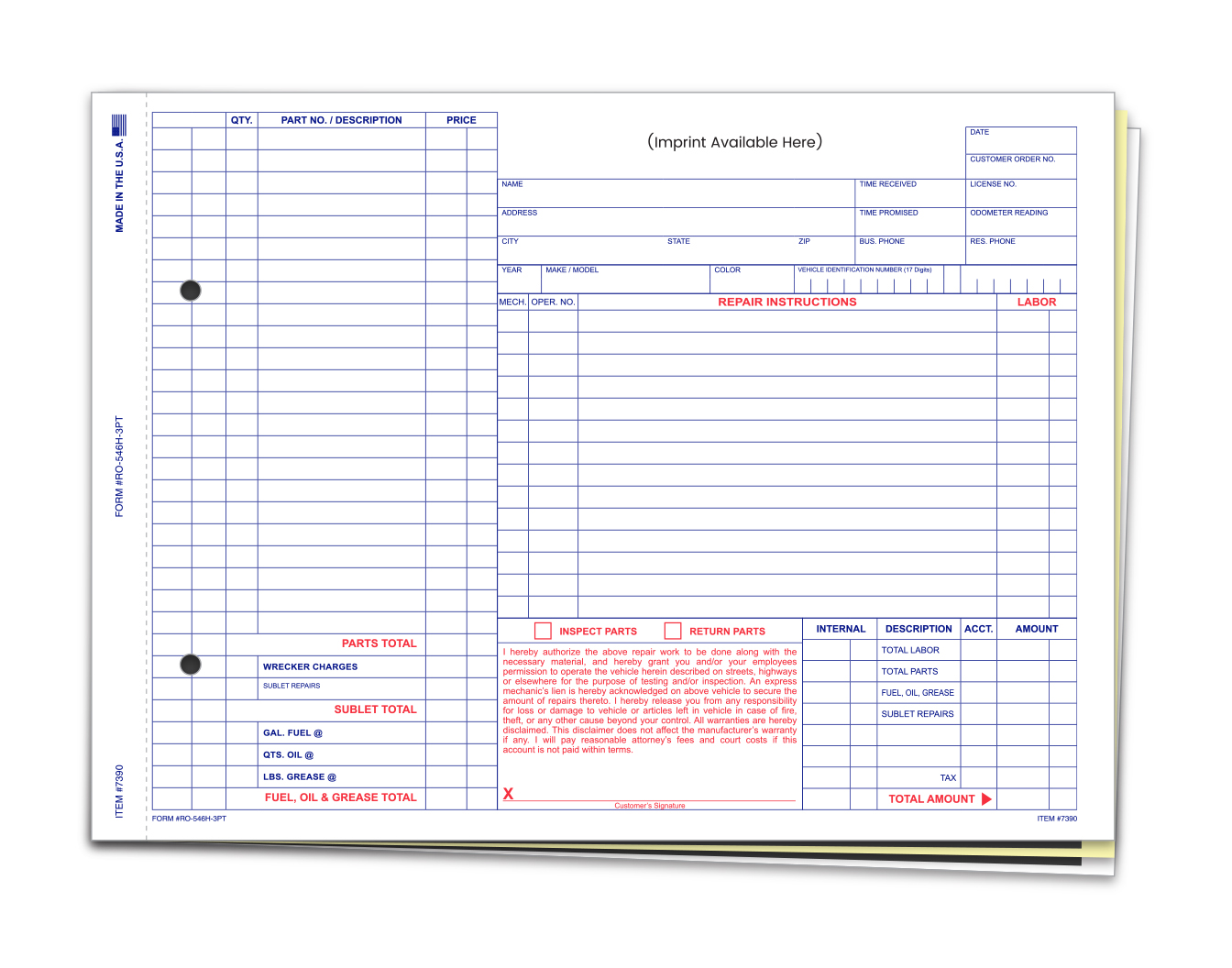 Repair Order - RO-546H - 3 Part - Imprinted - Qty. 1 each