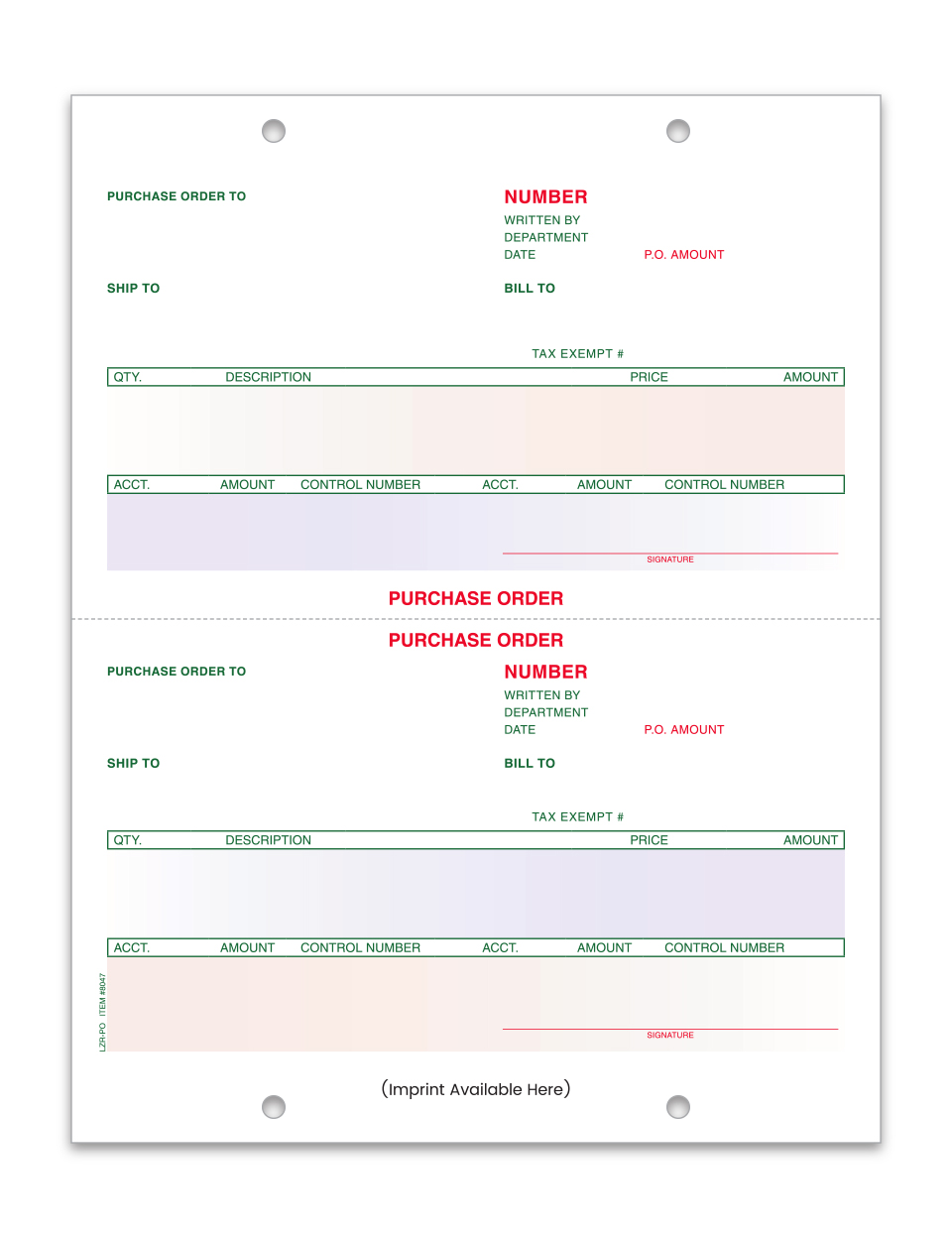 Laser Purchase Order, Pre Printed - LZR-PO - Imprinted - Qty. 1 each