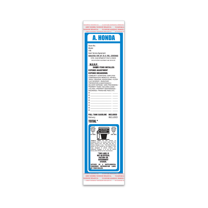 Custom Addendum Sticker w/Tape - Up to 3.4" Wide X 11" Tall - Qty. 1 each