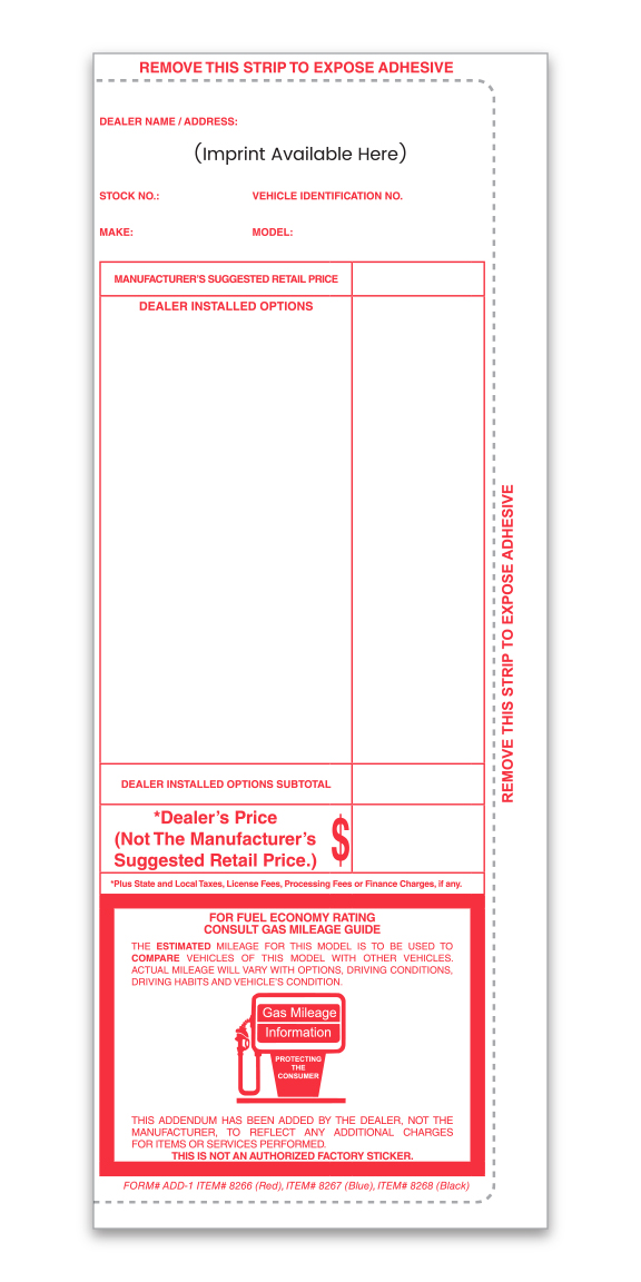 Custom Addendum Sticker - ADD-1 - RED - Perm. Adhesive - Qty. 1 each