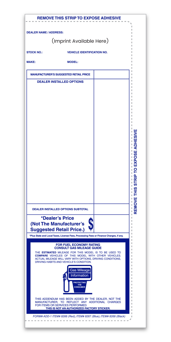 Custom Addendum Sticker - ADD-1 - BLUE- Perm. Adhesive - Qty. 1 each