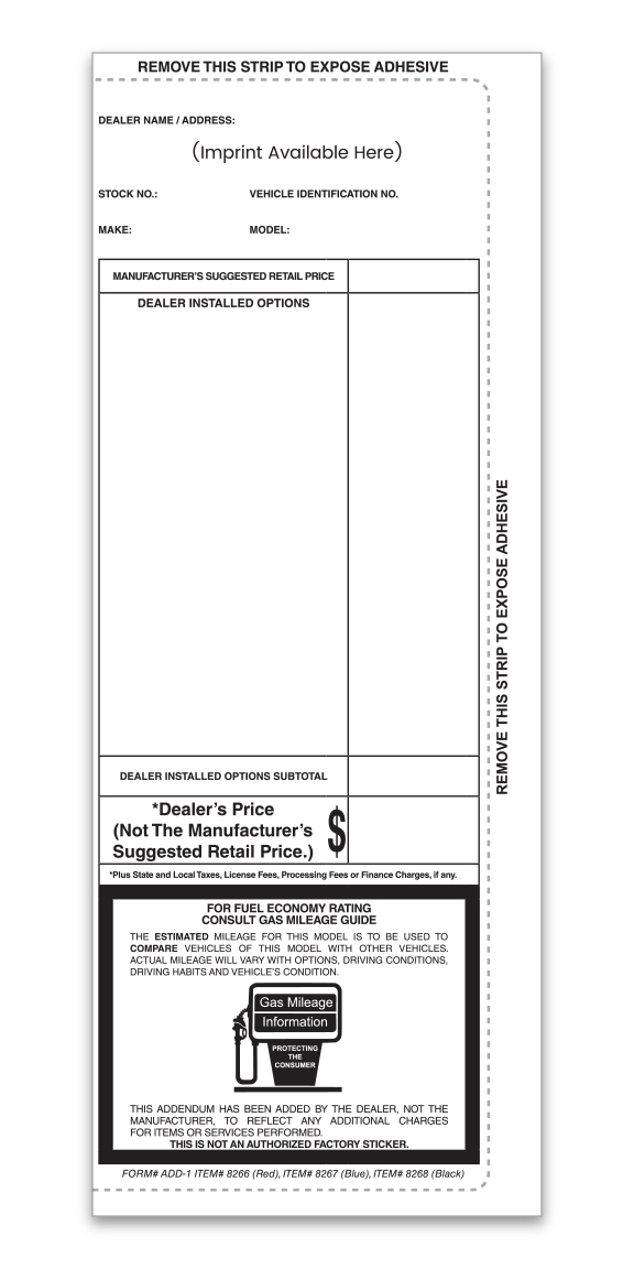 Custom Addendum Sticker - ADD-1 - BLACK - Perm. Adhesive - Qty. 1 each