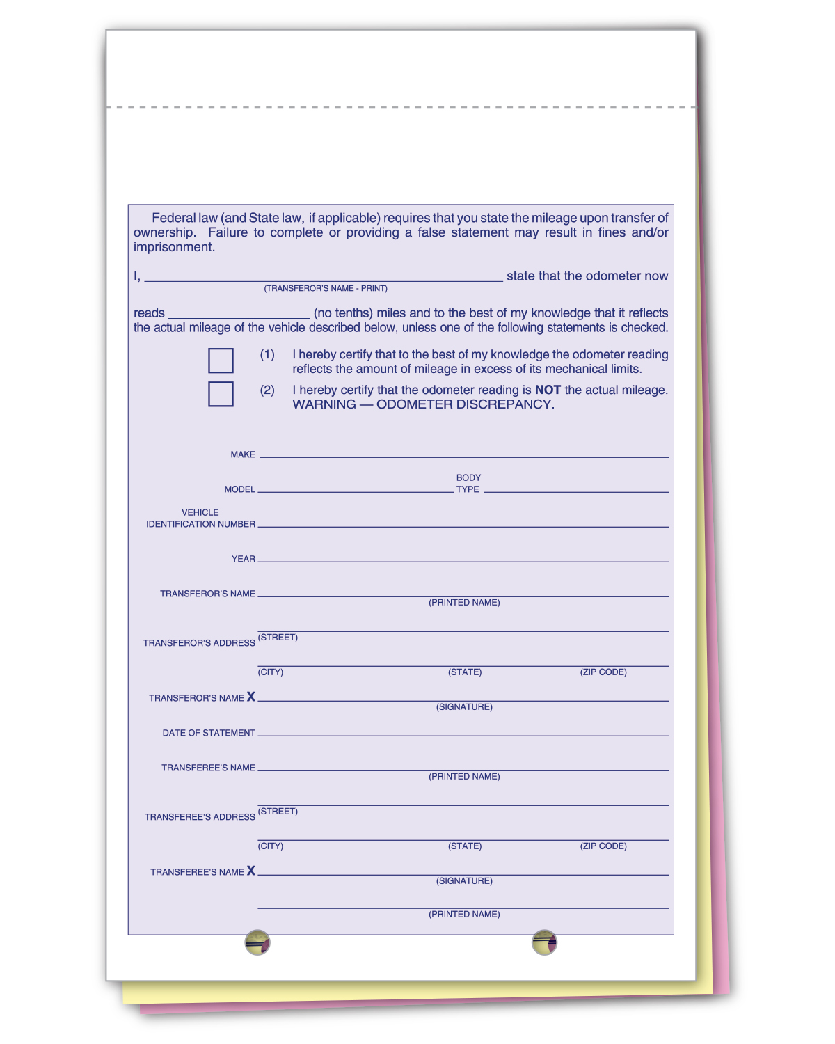 Odometer Disclosure Statement - ODOM-65-3 - 3 Part - Qty. 100
