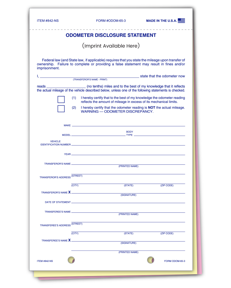 Odometer Disclosure Statement - ODOM-65-3 - 3 Part - No Scrn - Imp Qty. 1 e